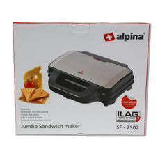 Alpina SF-2502-SB Jumbo Sandwich Maker | 1400W Non-Stick Electric Sandwich Grill – Black & Stainless Steel - Habitt
