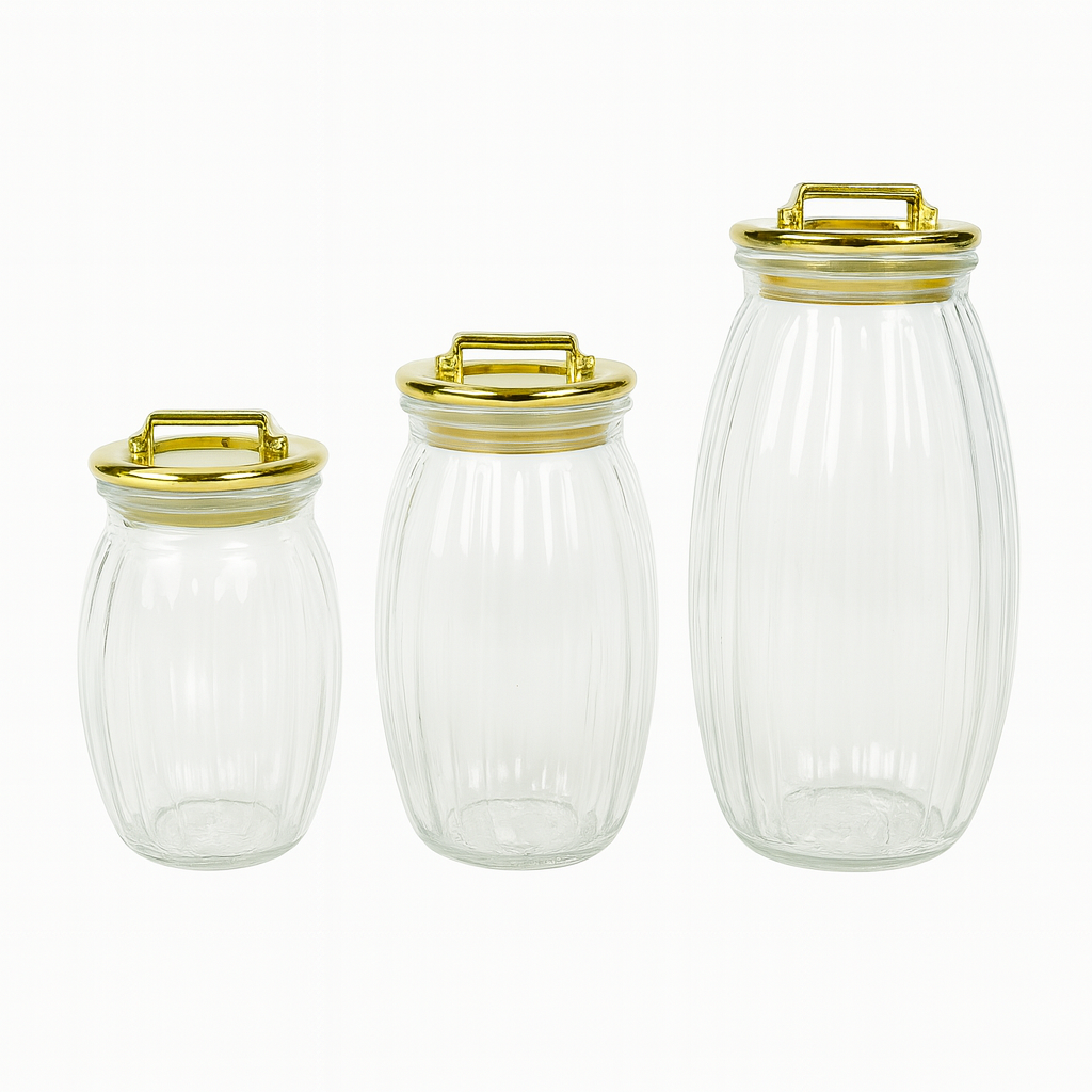 3 Pcs Sealed Storage Jars with Vertical Stripes & Handles – Variants: Gold, Rose Gold, Silver - Habitt