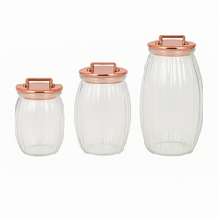3 Pcs Sealed Storage Jars with Vertical Stripes & Handles – Variants: Gold, Rose Gold, Silver - Habitt