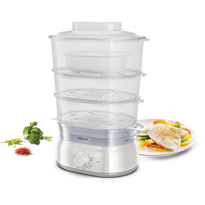 Philips Daily Collection Food Steamer 900W with 3-Tier Baskets, Egg Rack & Rice Bowl (HD9125/90) - Habitt