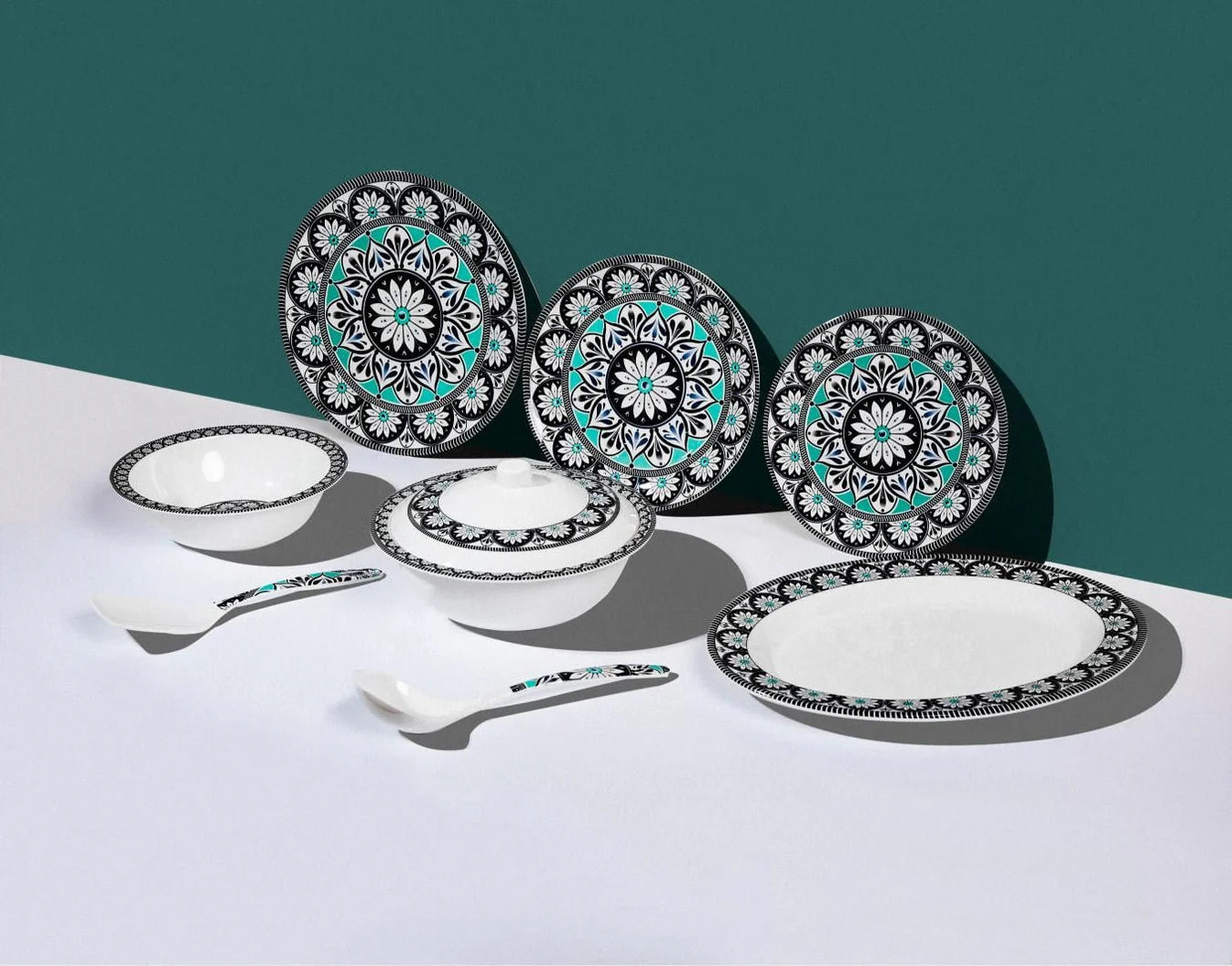 Ebony Symphony Dinner Set – Harmonious Elegance in Black, White & Teal (22 / 30 / 43 PCS) - Habitt