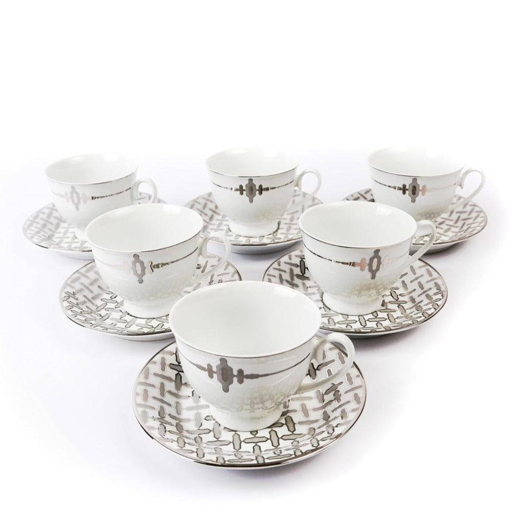 12Pcs Cup & Saucer (Silver Chevron) - Habitt